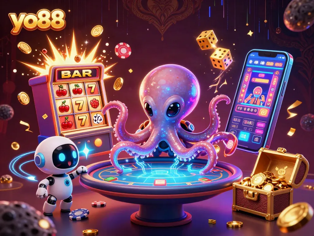 Experience the excitement of yo88 with an alien octopus at a holographic poker table, surrounded by casino wealth.