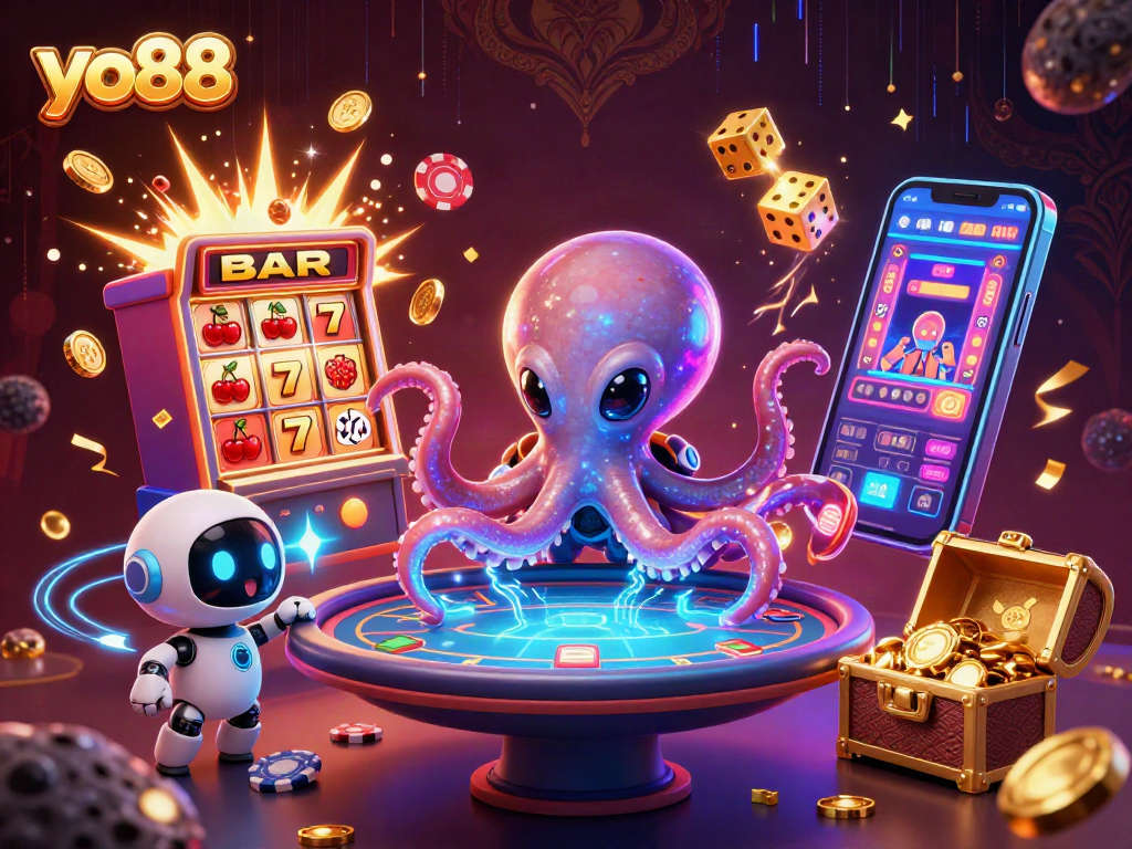 Experience the excitement of yo88 with an alien octopus at a holographic poker table, surrounded by casino wealth.