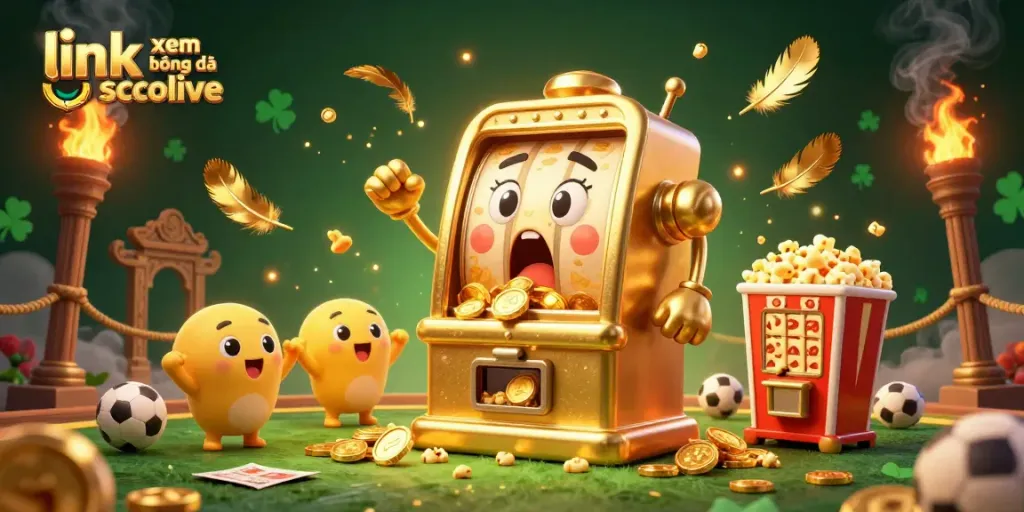 Revitalize your game with link xem bóng đá socolive as golden coins burst from a shocked slot machine's mouth in this vibrant scene.