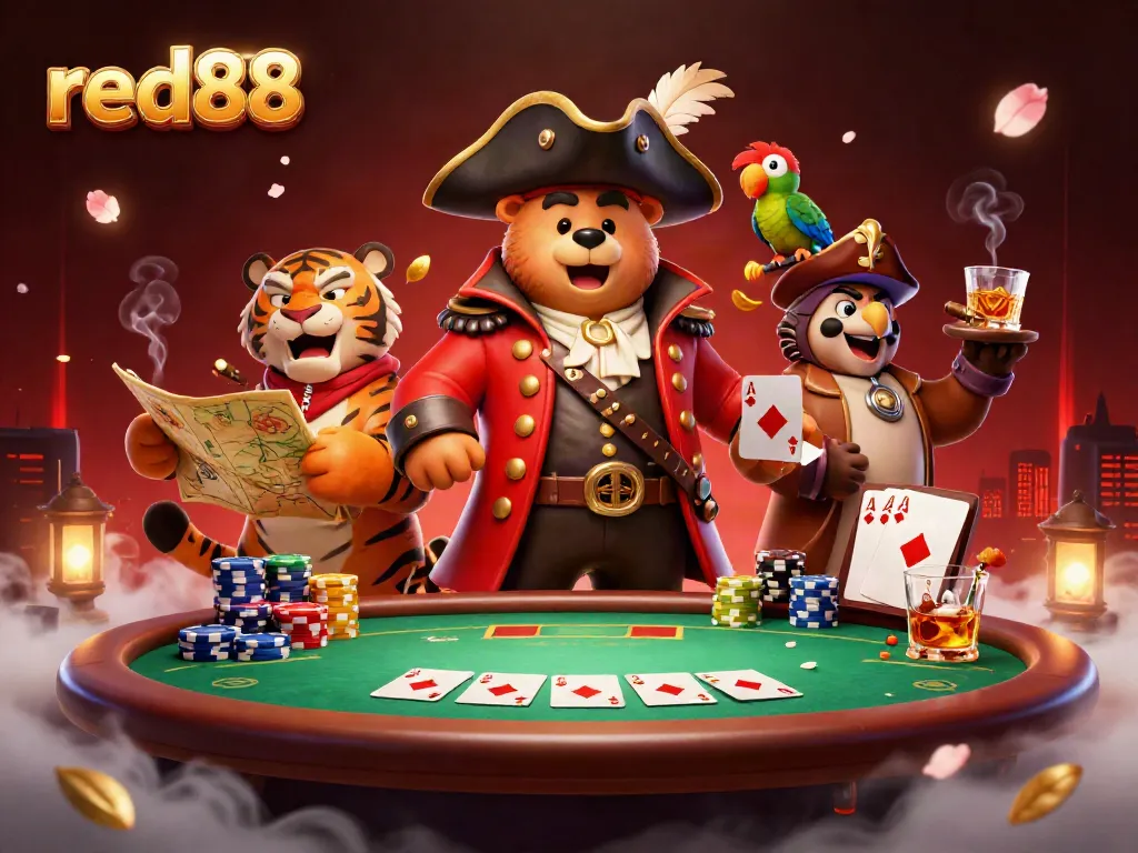 Experience thrilling gameplay with red88's vibrant casino scene featuring a pirate captain bear and dynamic poker elements.