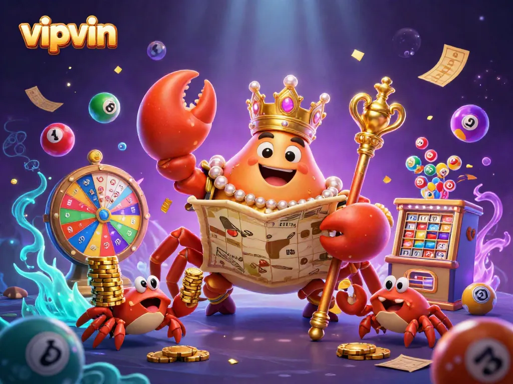 Engage in thrilling lottery action with vipvin, featuring a golden crab emperor amidst vibrant lottery balls and festive prizes.