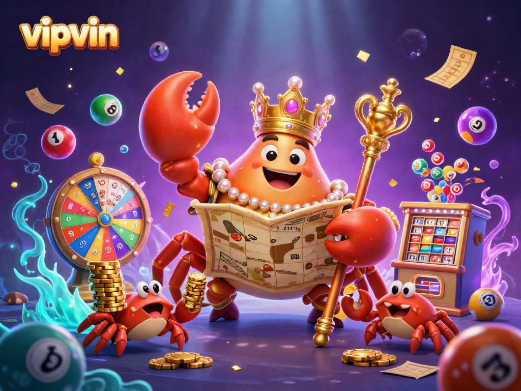 Engage in thrilling lottery action with vipvin, featuring a golden crab emperor amidst vibrant lottery balls and festive prizes.