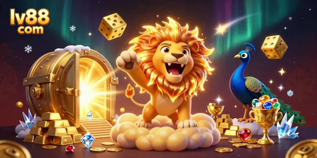Engage with the vibrant features of lv88 com, showcasing a dynamic casino scene with golden dice and sparkling treasures.