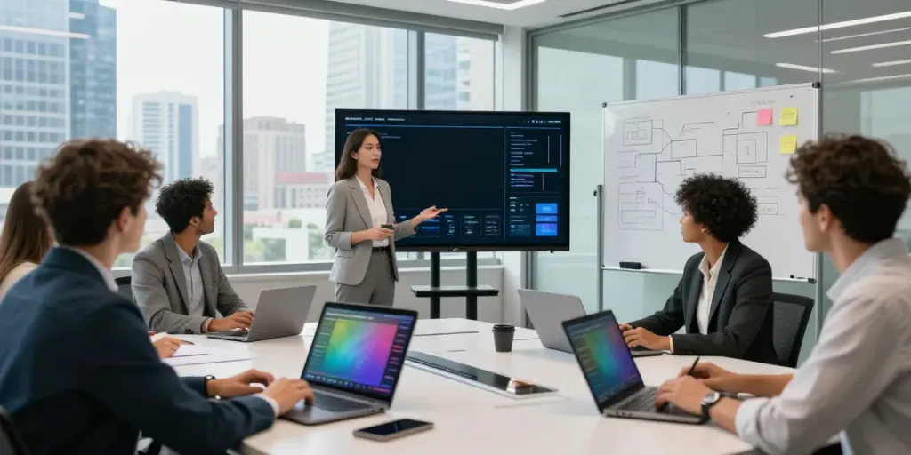 Team strategizing on enterprise AI solutions in a modern conference room with data visualizations.
