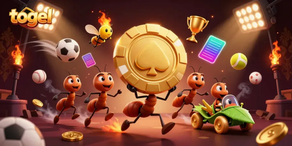 Experience thrilling togel action with a dynamic illustration featuring a team of ants, poker chip, and sports balls.