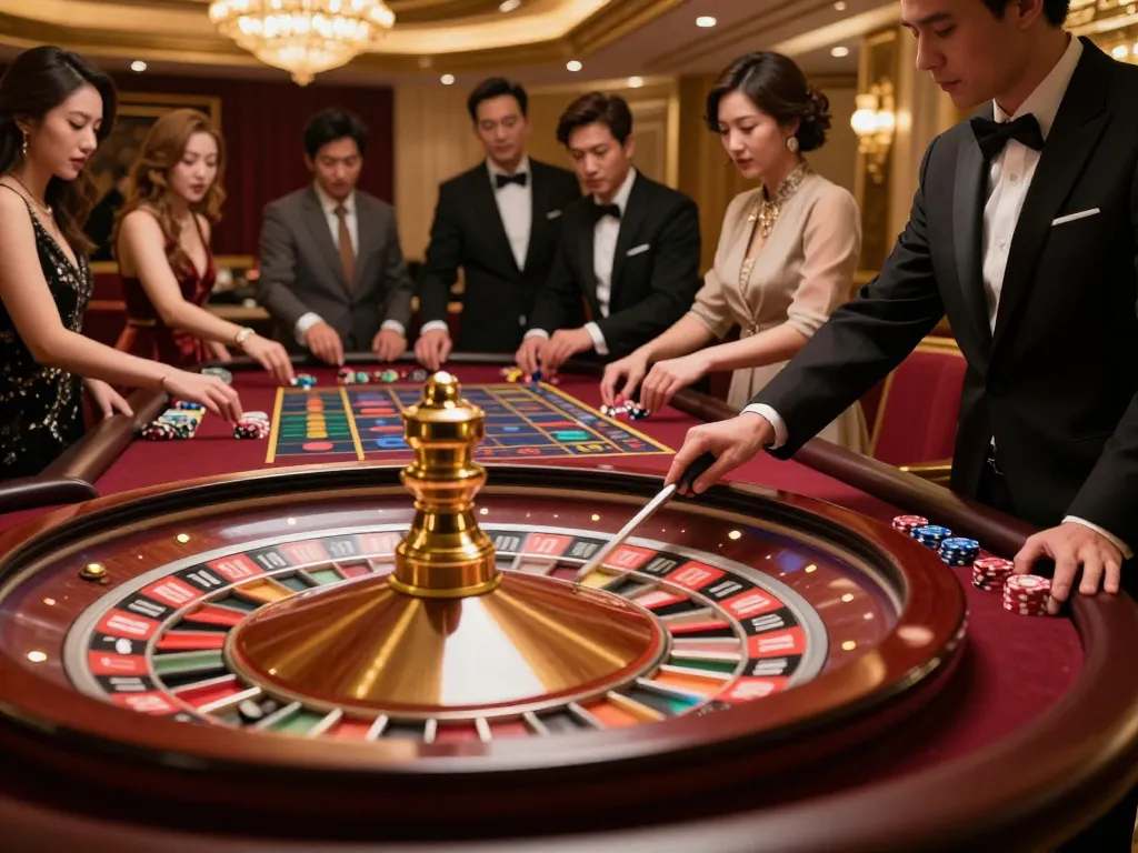 Taking strategic bets at a togel hongkong roulette table in a luxurious casino atmosphere