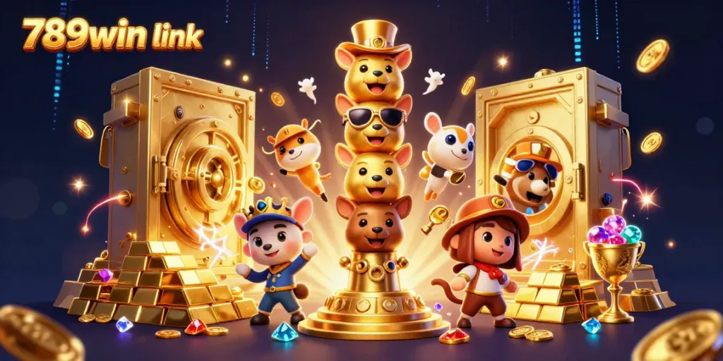 Engage with the 789win link at this vibrant casino-themed illustration showcasing a golden totem pole and treasures.