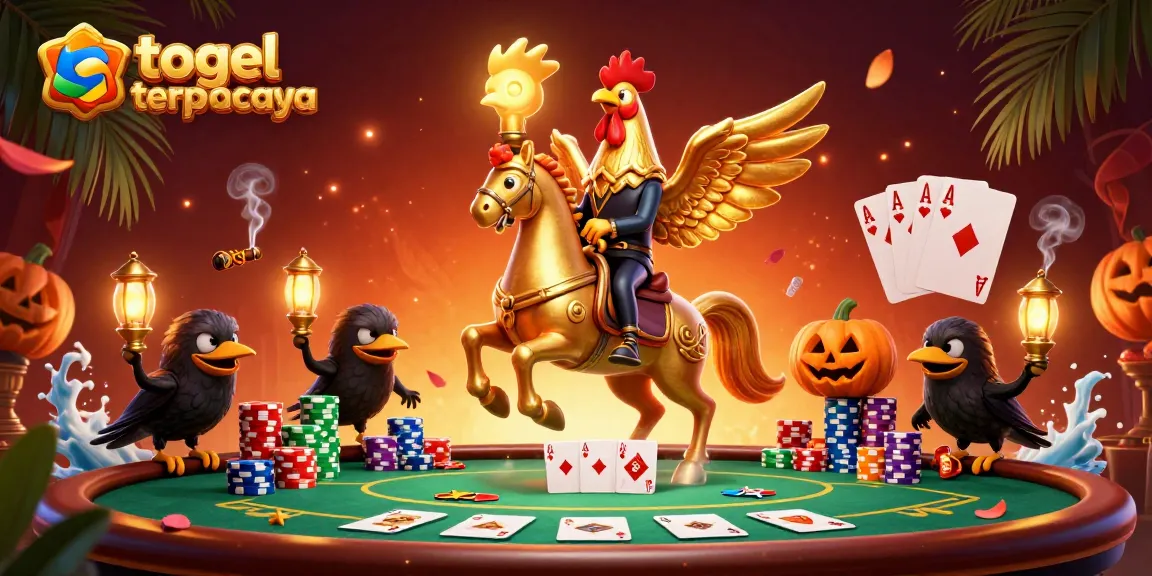 Experience the thrills of togel terpercaya with a vibrant and dynamic casino scene featuring a golden rooster and poker elements.