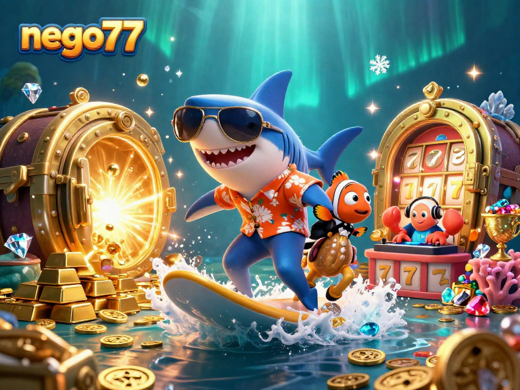 Navigating the waves of excitement with nego77, featuring a shark and friends in a lively casino atmosphere.