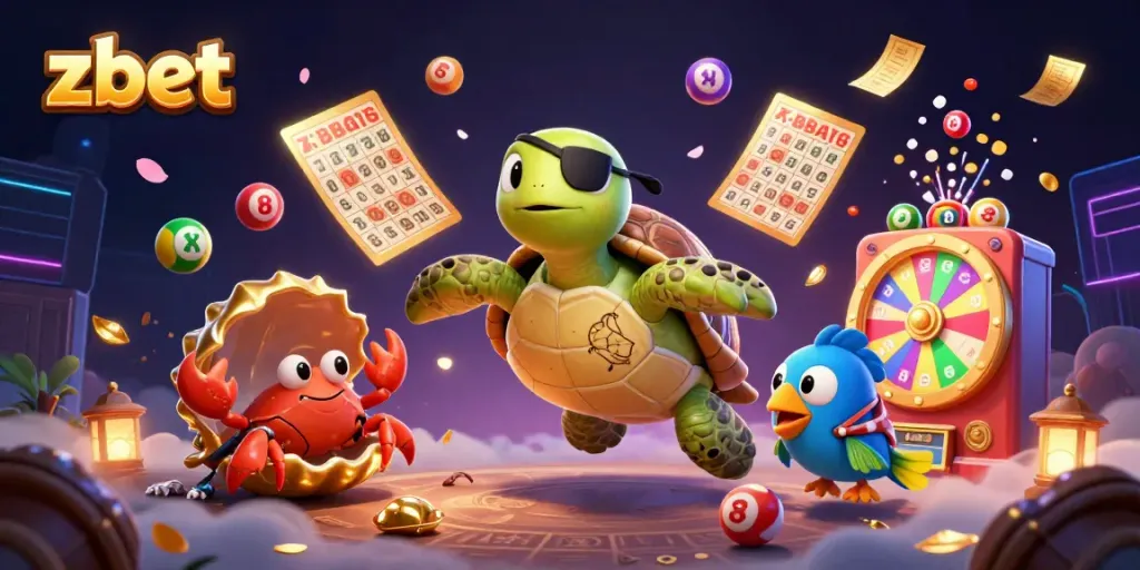Experience thrilling play with zbet as colorful lottery balls rain around the pirate turtle and friends in an exciting casino scene.