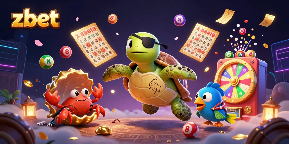 Experience thrilling play with zbet as colorful lottery balls rain around the pirate turtle and friends in an exciting casino scene.