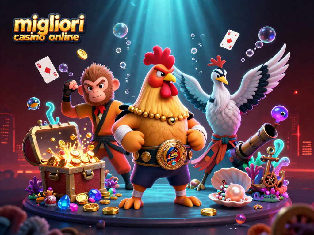 Scopri i migliori casino online con una colorata illustrazione di personaggi 3D animati e tesori sottomarini.
