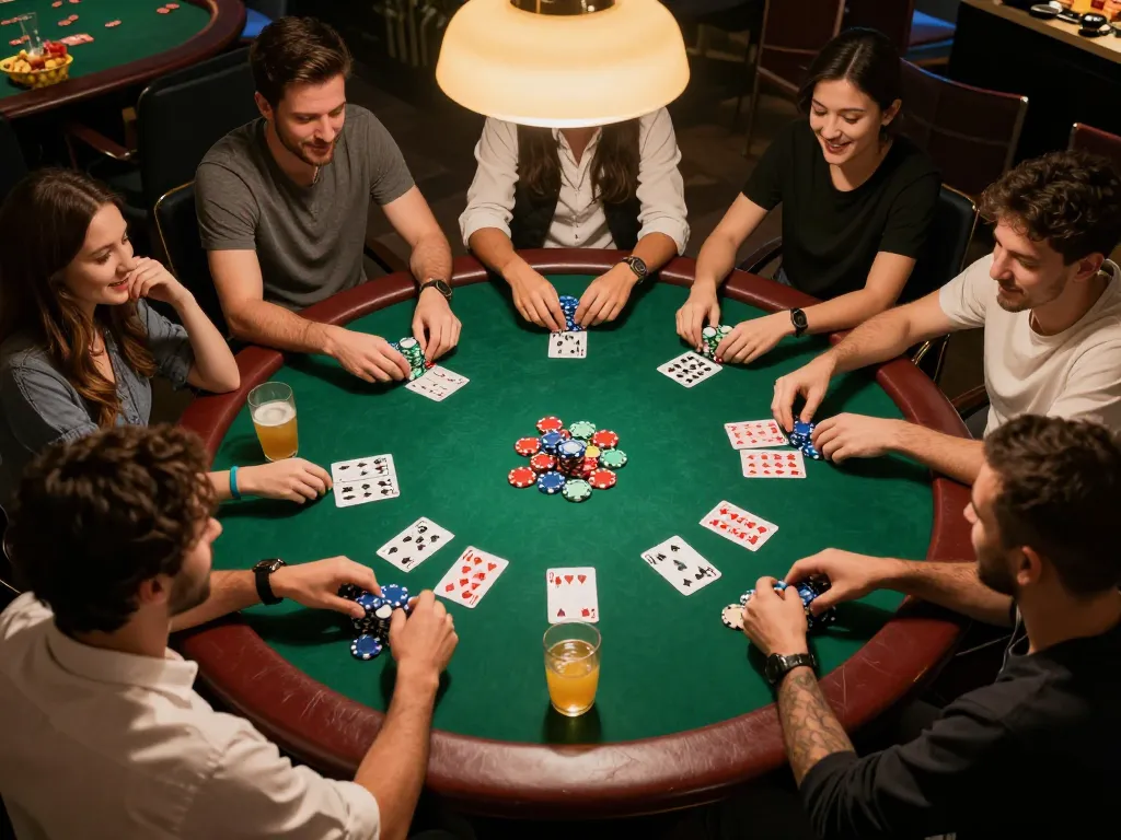 Friends engaged in a competitive poker game night, showcasing 79kingvnc atmosphere with chips and cards in focus.