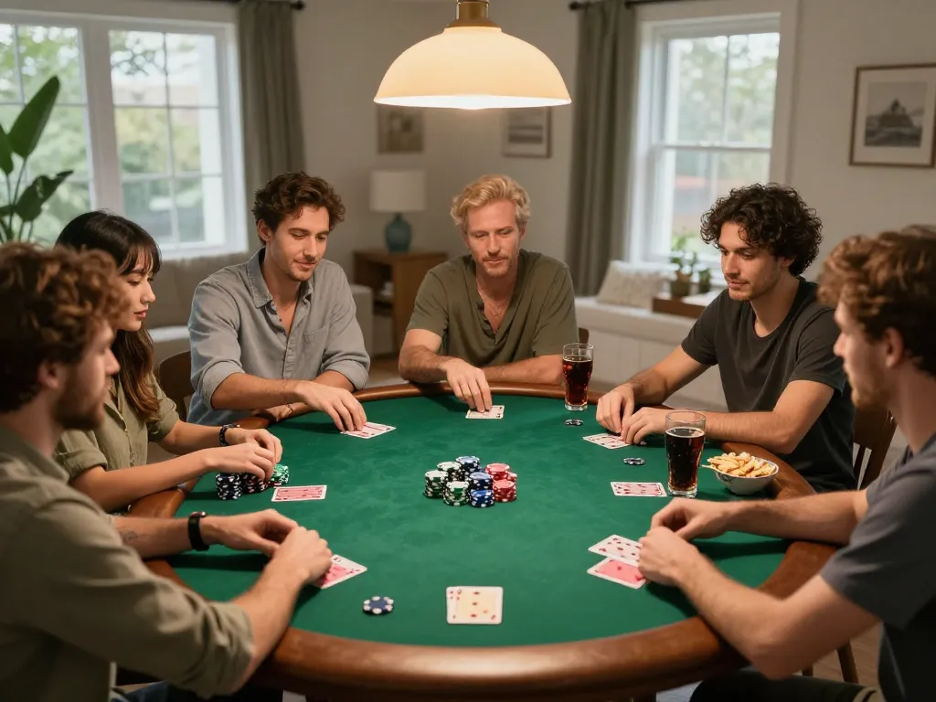 Friends play poker at home, enjoying a cozy night with 88clb chip stacks and cards visible.