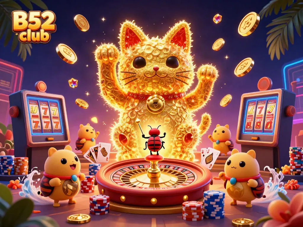 B52 club features a vibrant 3D scene with a golden lucky cat and dynamic casino symbols for an engaging gambling experience.