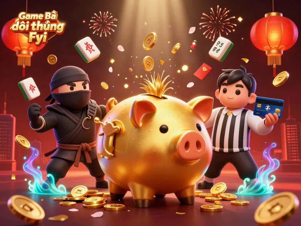 Engaging scene of Game Bài Đổi Thưởng Fyi with a golden piggy bank sumo wrestler, illuminating gambling elements, and dynamic action.