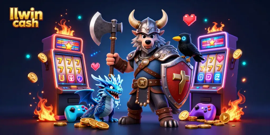 Engage with llwin cash in a vibrant 3D casino world filled with slot machines and gaming icons.