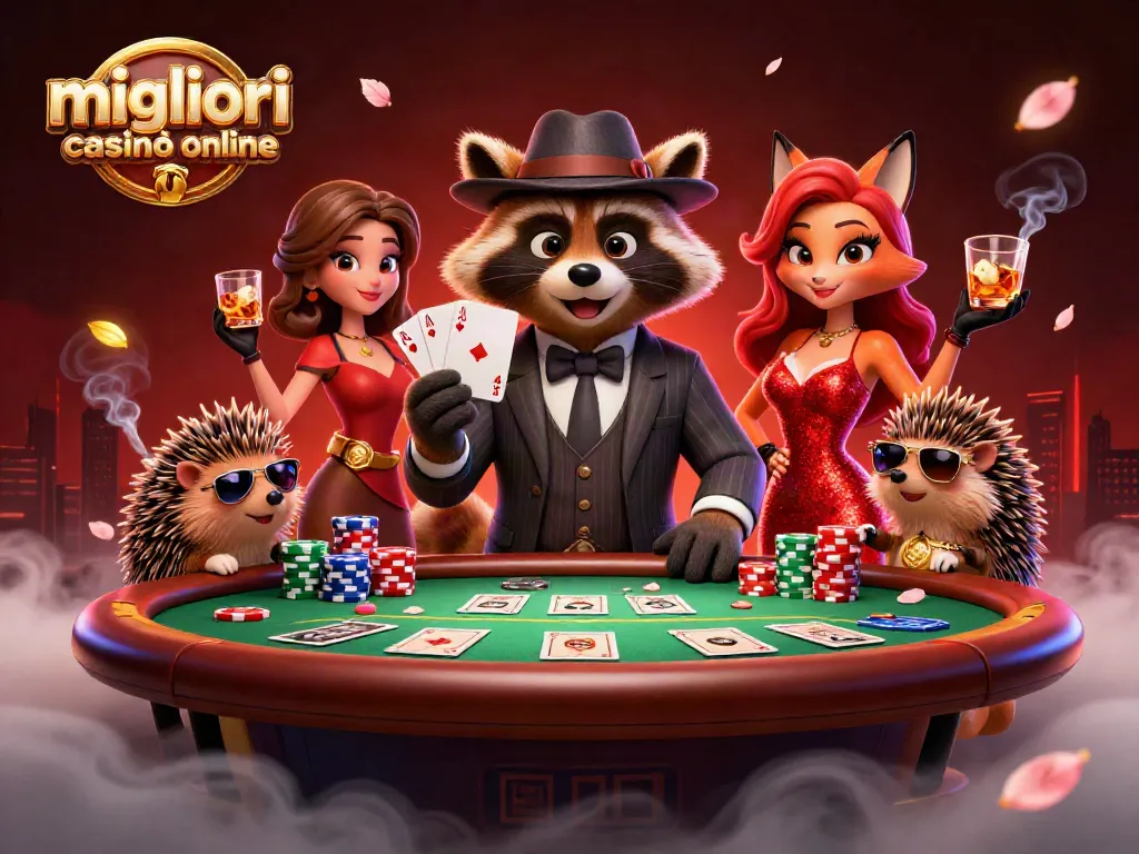 Gioca ai migliori casinò online con un procione elegante e una volpe splendida al tavolo da poker.