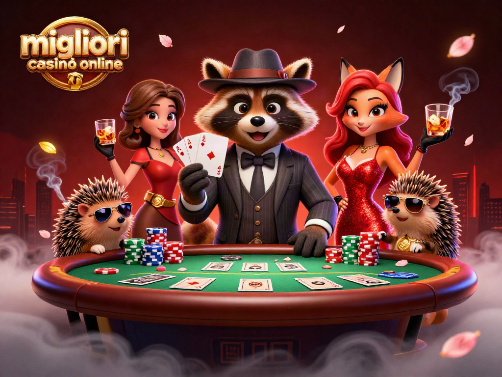 Gioca ai migliori casinò online con un procione elegante e una volpe splendida al tavolo da poker.
