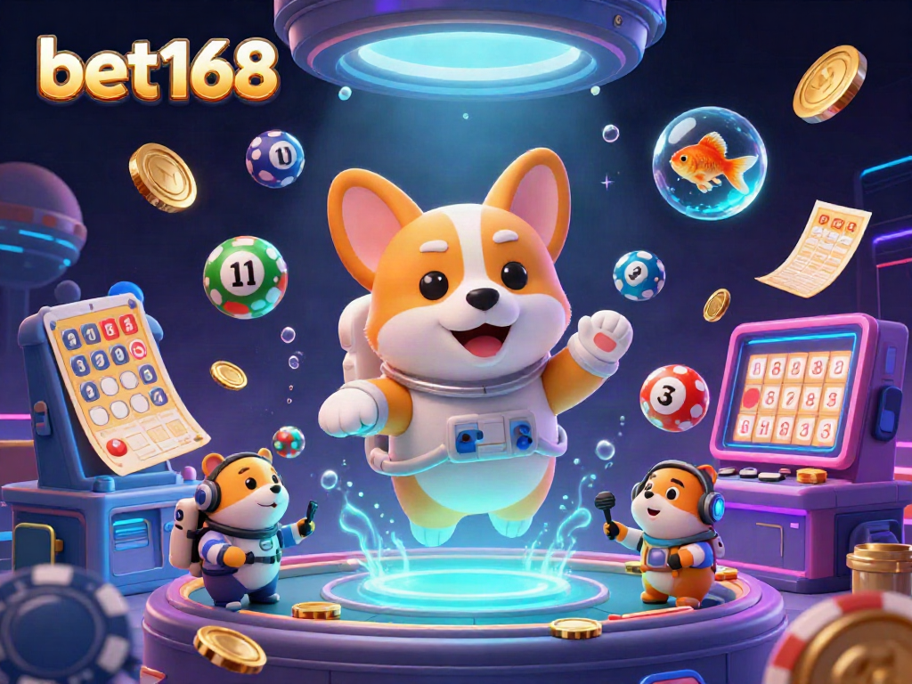Experience thrilling gaming at bet168 with a dynamic scene showcasing an astronaut corgi and exciting casino elements.