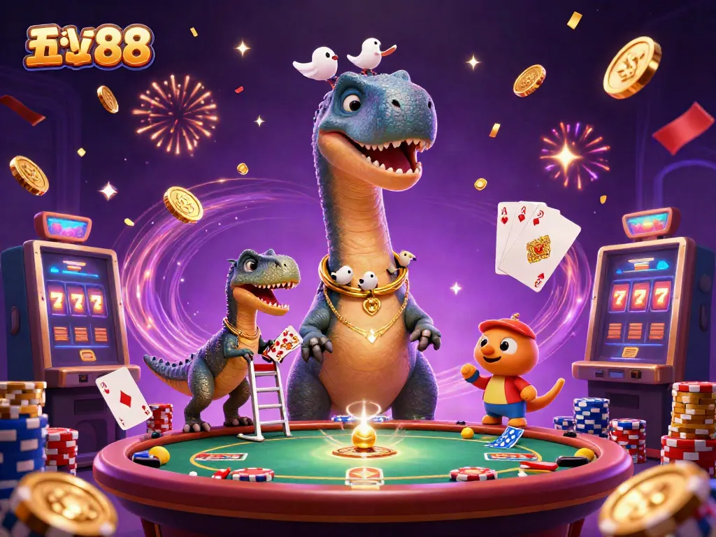 Experience thrilling moments with five88 as a gigantic brontosaurus observes a poker game with dynamic casino elements.