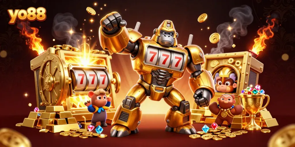 Engage with thrilling yo88 slots featuring a powerful golden gorilla mech amidst a backdrop of wealth.