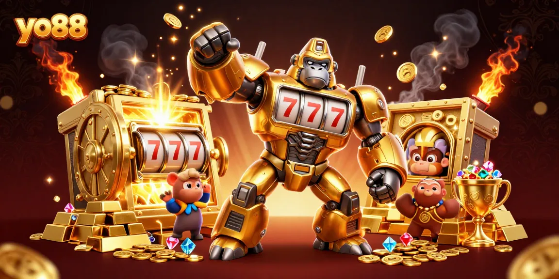 Engage with thrilling yo88 slots featuring a powerful golden gorilla mech amidst a backdrop of wealth.