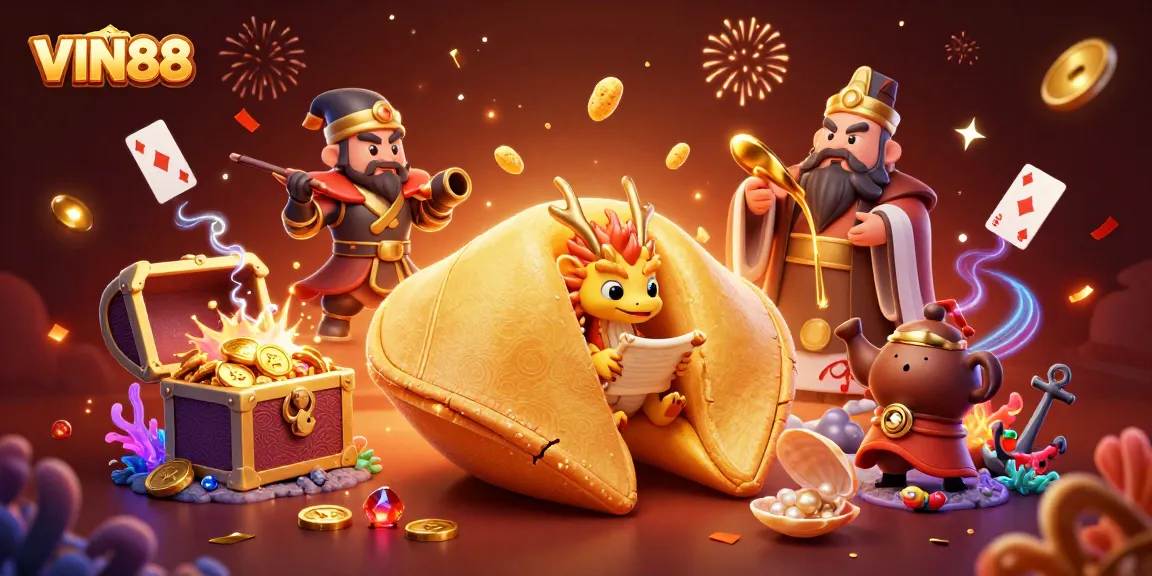 Experience excitement and fortune with VIN88, a vibrant 3D casino scene bursting with riches and treasures.