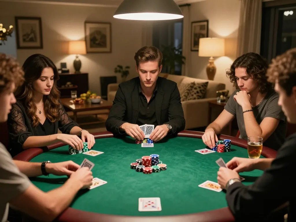 Players engaging in a competitive poker game at home, showcasing rokok88 strategies with chips and cards.