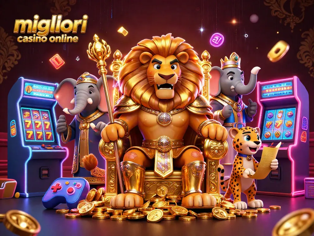 Scopri i migliori casino online con un re leone, un elefante e un ghepardo tra macchine arcade e simboli di gioco.