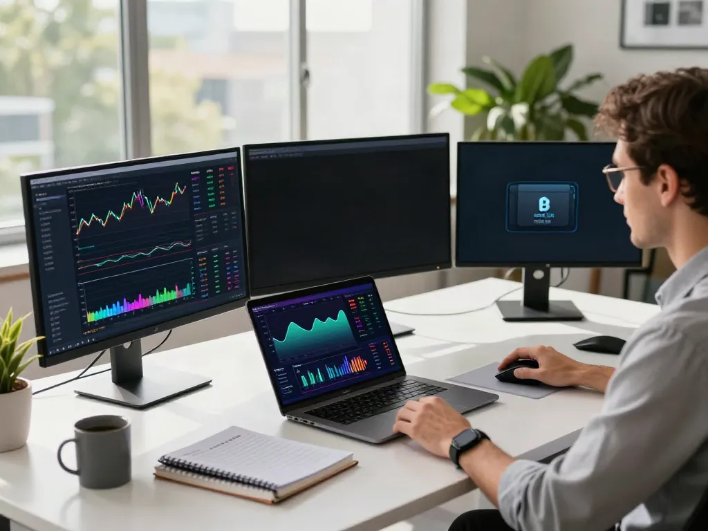 CryptoDenis YouTube workspace featuring Bitcoin trading setup with digital wallets and DeFi analytics.