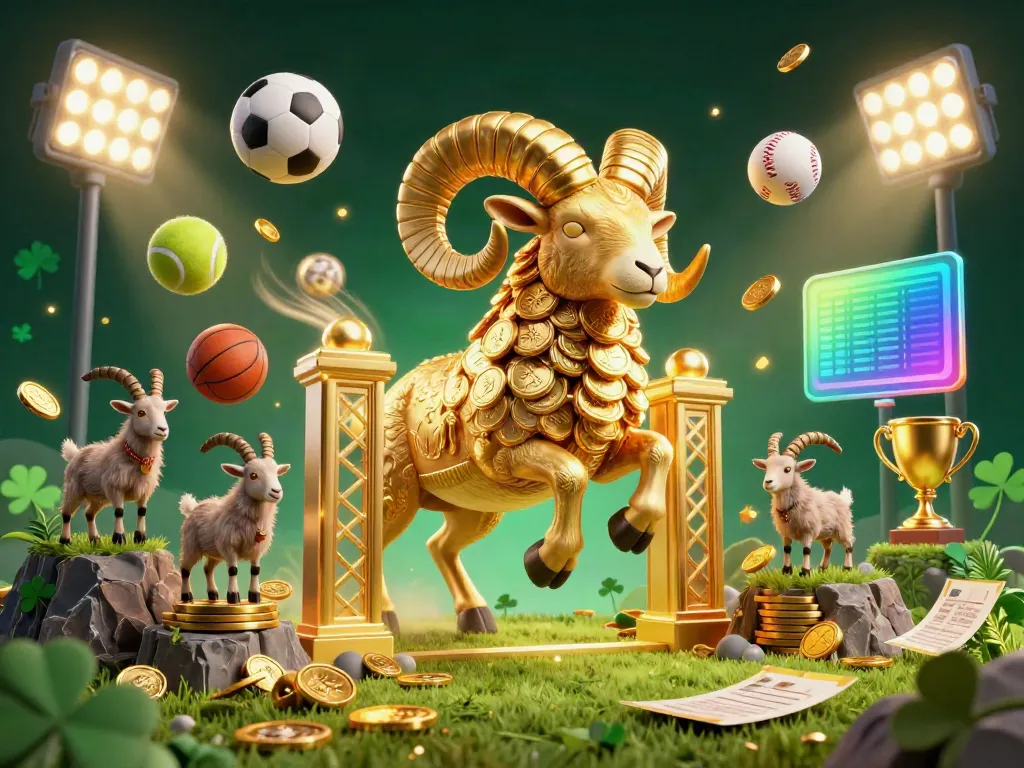 Experience RIKBET's gaming excitement with a golden ram charging through a dynamic casino scene filled with sports elements.