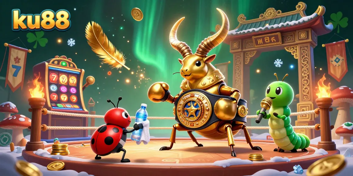 Experience the thrilling energy of ku88 in a vibrant 3D casino illustration showcasing a giant golden stag beetle and a lively atmosphere.
