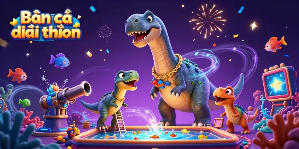 Shoot fish in Bắn cá đổi thưởng as dinosaurs interact in vibrant underwater casino scene.