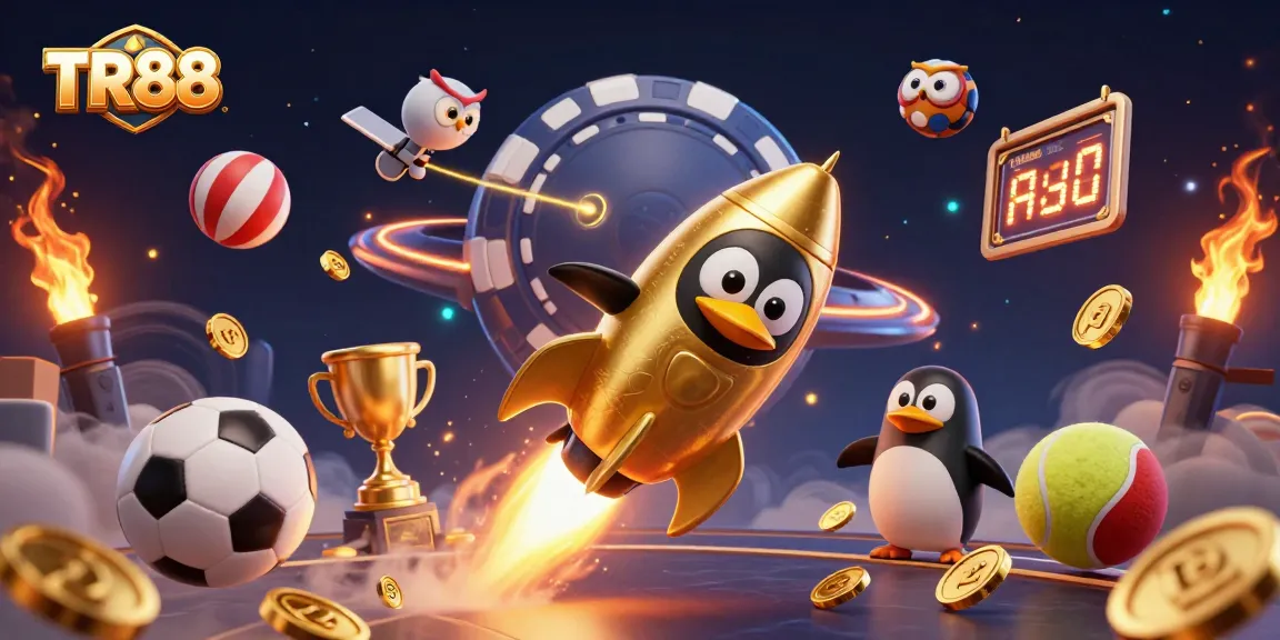 Experience TR88 excitement with a golden penguin racing toward a poker chip casino in a dynamic neon scene.