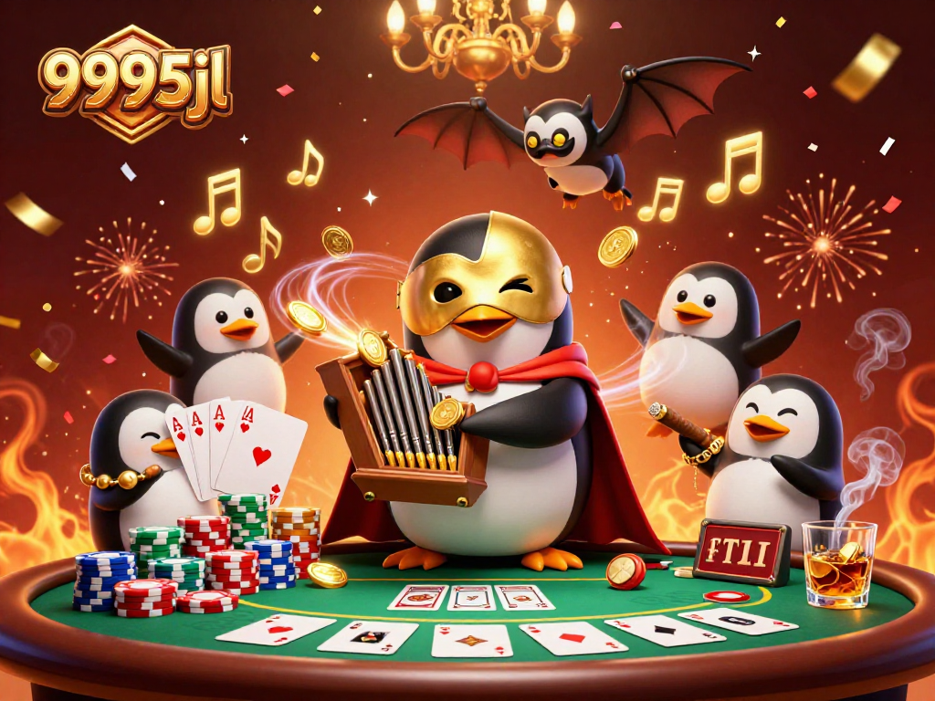 Experience the excitement of 9995jl with a penguin playing a casino organ while coins fly.