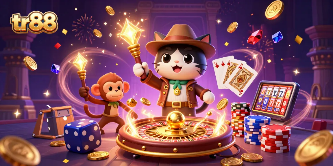 Engage in thrilling play at tr88, experiencing dynamic casino action with golden artifacts and vibrant game elements.