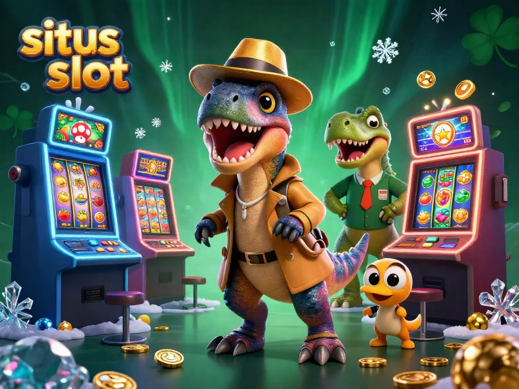 Join the adventure at situs slot with a cartoon velociraptor trying to win big among vibrant slot machines.