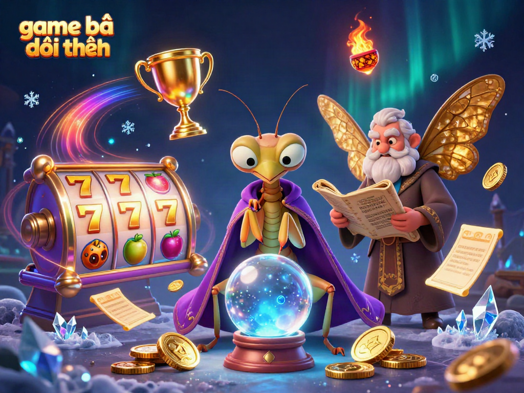 Experience the excitement of game bài đổi thưởng with vivid characters and vibrant slot elements in this dynamic illustration.