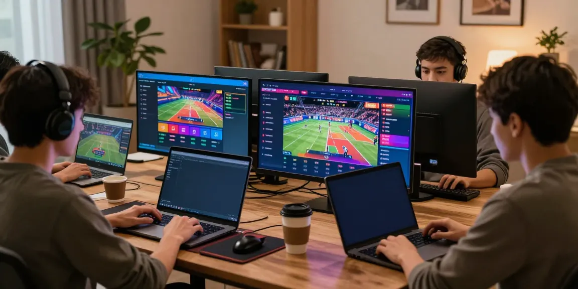 Exciting online betting scene with fabet players using laptops and smartphones in a lively home environment.