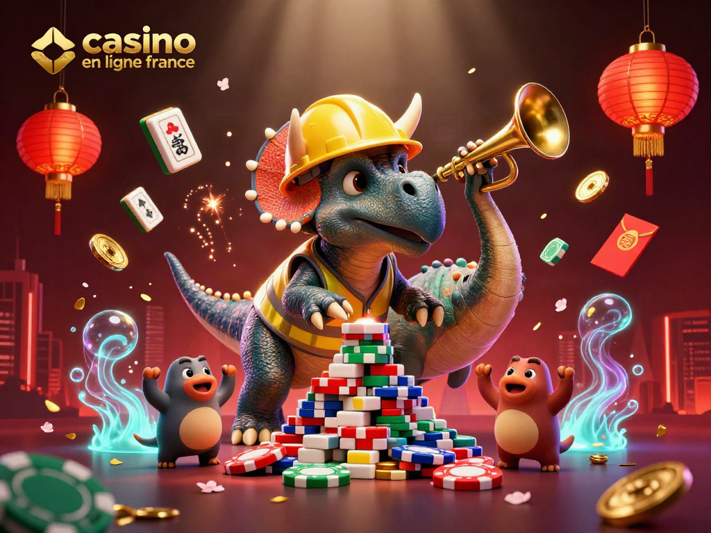 Illustration dynamique de casino en ligne France avec des personnages animés et des éléments de jeu colorés.