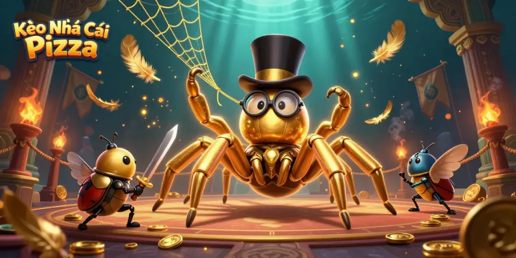 Kèo Nhà Cái Pizza features a bold golden tarantula and daring knight in an exciting casino arena scene.