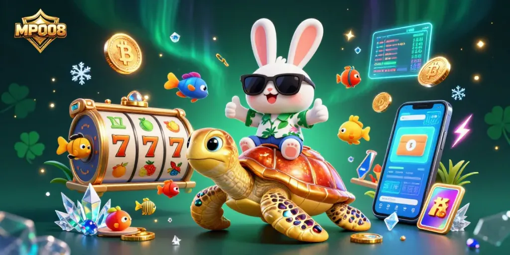 Experience the thrill of MPO08 with our lively casino-themed illustration featuring slot reels and crypto elements.