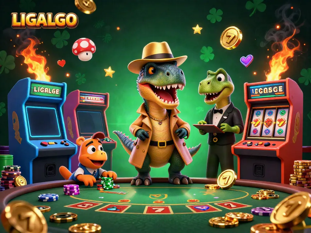 Engaging scene of LIGALGO with a velociraptor card counter eyes on the casino jackpot while a pit boss oversees.