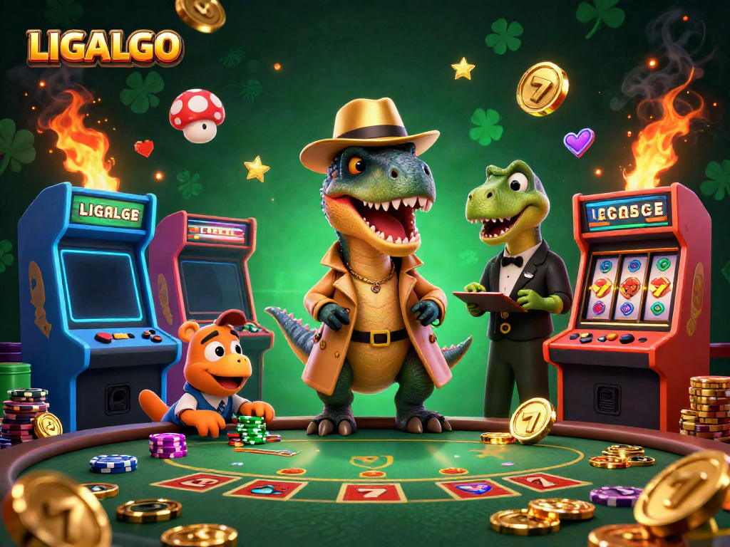 Engaging scene of LIGALGO with a velociraptor card counter eyes on the casino jackpot while a pit boss oversees.