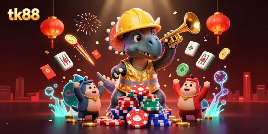 Engage with tk88 casino excitement as a triceratops builds poker chip tower amid festive elements.