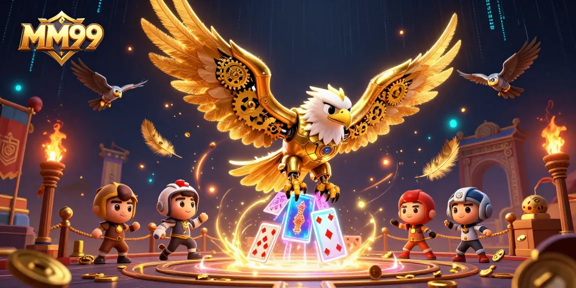Experience MM99's thrilling gameplay with a dynamic illustration of a cybernetic eagle amidst a gaming frenzy.