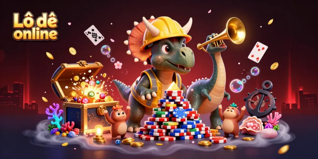 Engaging scene of Lô đề online with cartoon dinosaurs joyfully building a poker chip pyramid amidst underwater treasures.