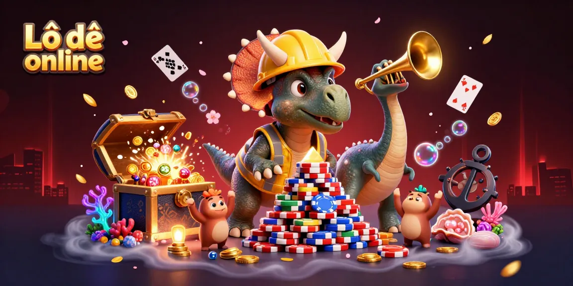 Engaging scene of Lô đề online with cartoon dinosaurs joyfully building a poker chip pyramid amidst underwater treasures.