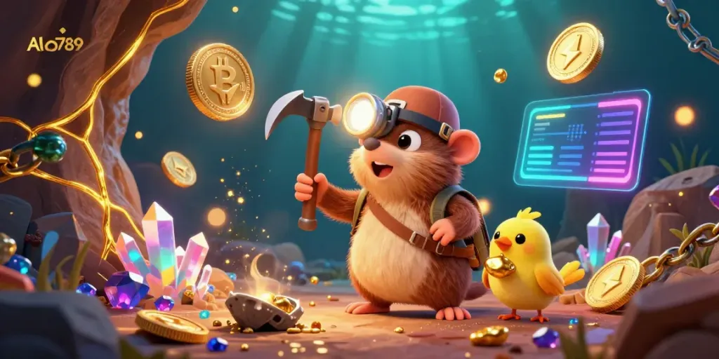 Alo789 showcases a treasure hunter mole discovering gold in a dazzling underground cave, highlighting crypto elements around.